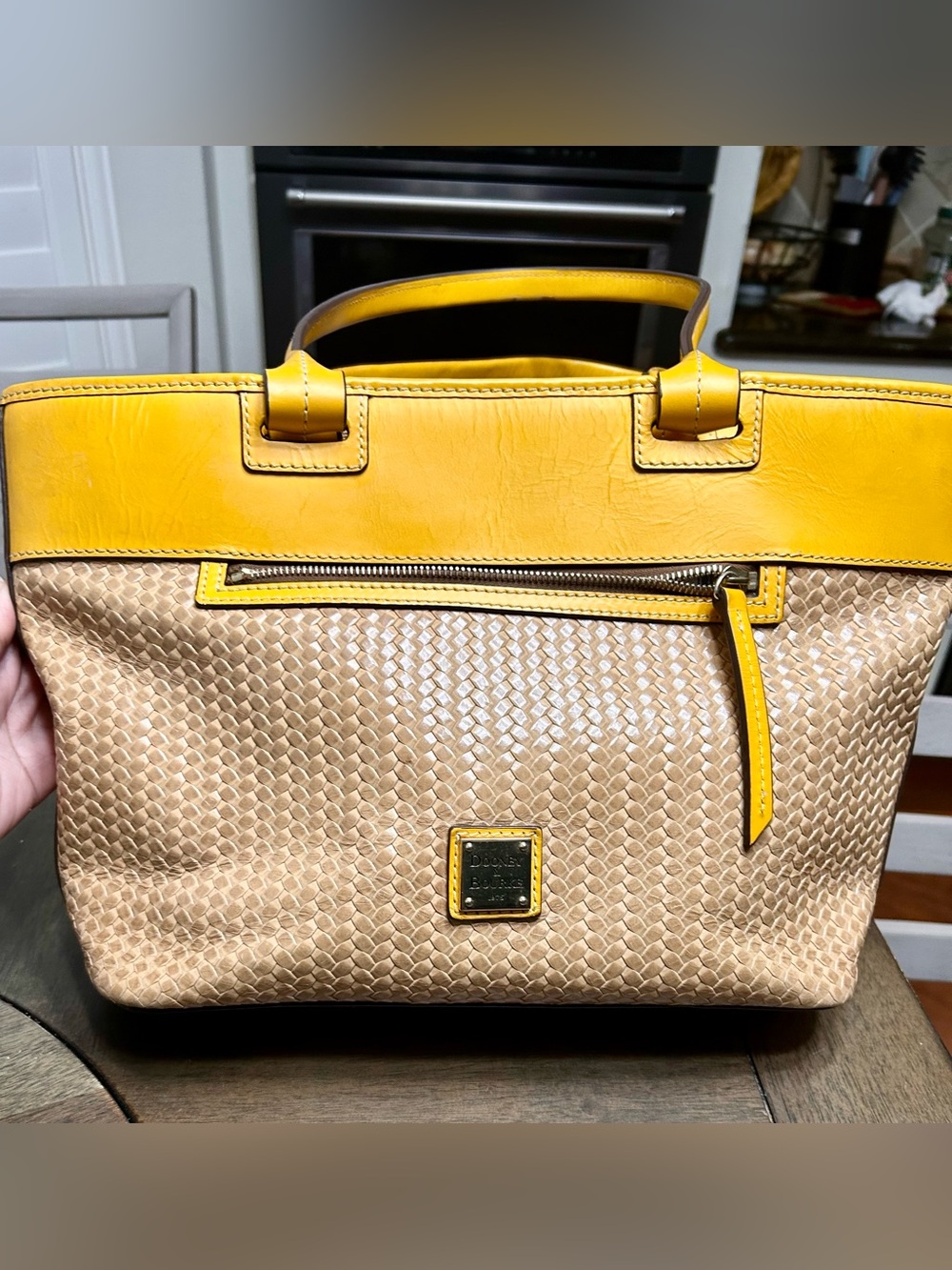 Dooney & Bourke Yellow Trim Tan Woven Tote